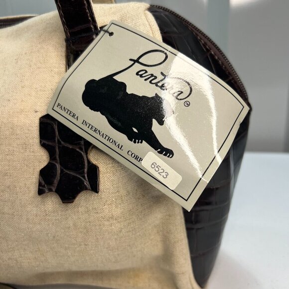 Pantera International Corp Bowling Tote Bag Shoulder Beige Canvas Brown Leather - Picture 2 of 14